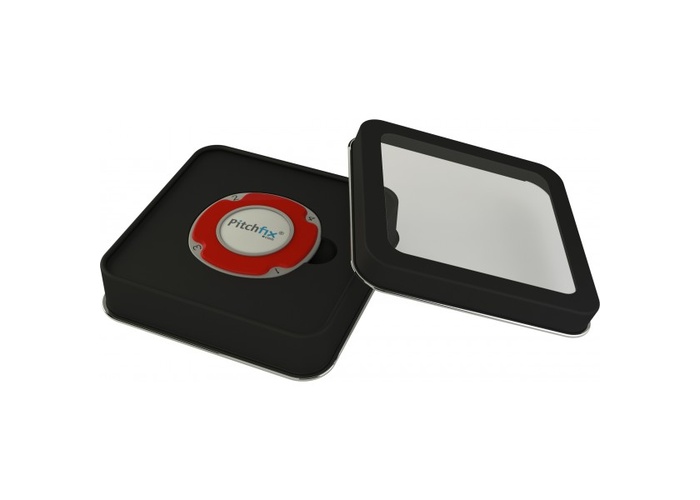 TimeForGolf - Pitchfix dárkové balení - čtvercová plechová krabička s průhledným víkem na žeton